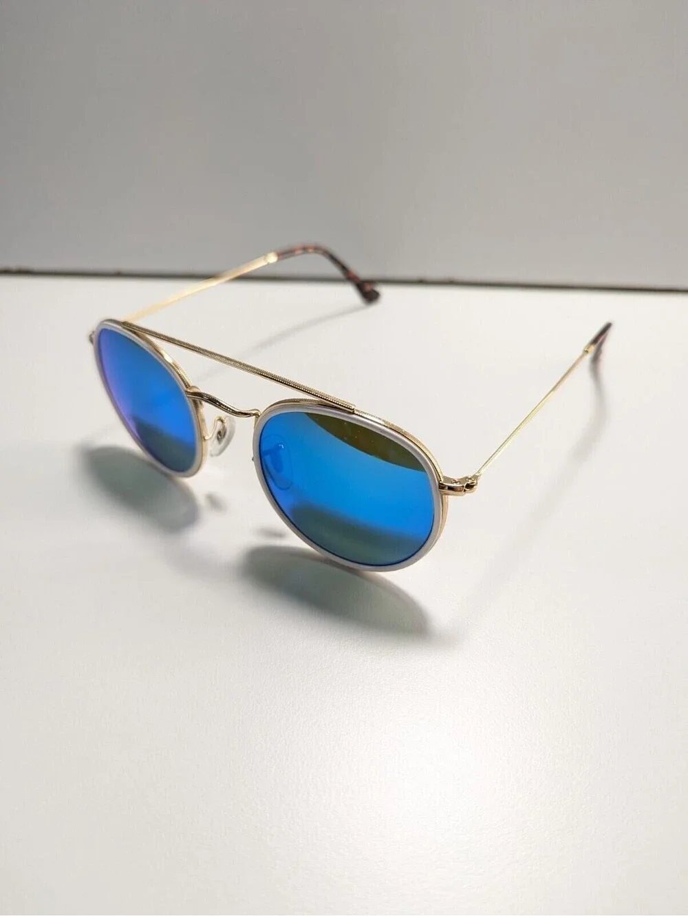Retro Style Sunglasses  Gold Gradient Blue Lens Double Bridge 53-20